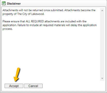Disclaimer pop-up window with Accept or Cancel buttons