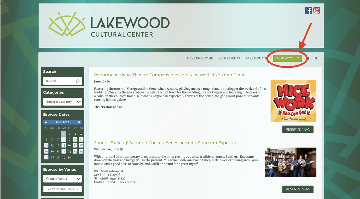 A screenshot of the tickets homepage.