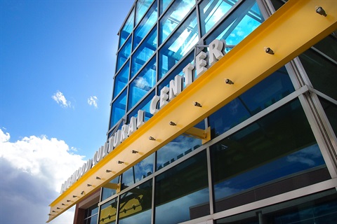 The Lakewood Cultural Center sign on the front of the building.