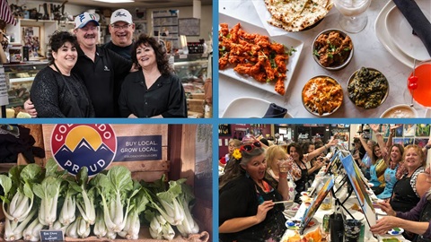 Four photo collage. 1. A group of four people standing in black shirts.2.  An overview shot of food on a plate. 3. Vegetables. 4. A group of people painting on easels. 