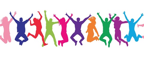 graphic of colorful people jumping up and down