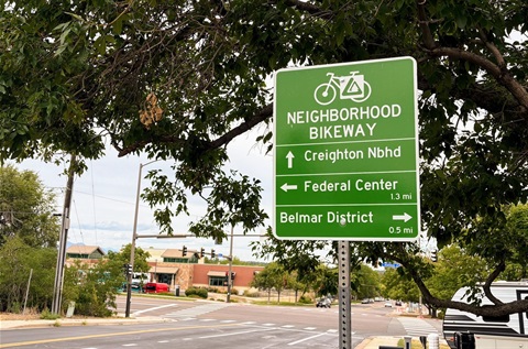 Green bicycle sign with a street in the background