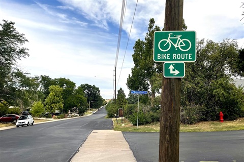 Street with bike land and a bike route sign on a pole