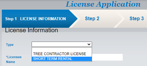 Highlighted Short Term Rental choice in a drop-down menu