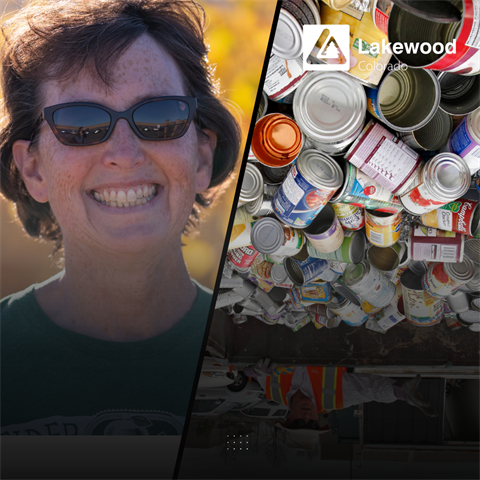 Graphic featuring photo of Lakewood staffer alongside recycling bin with overlaid text reading 