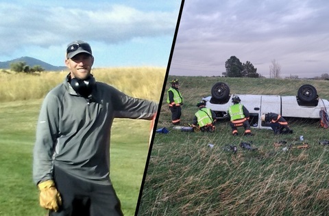 Steve Abraham. White truck upside down at the crash site.