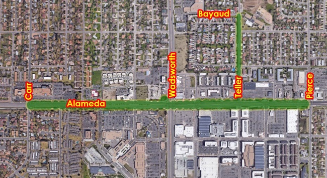 Map showing Carr to Pierce St and Teller to Bayaud