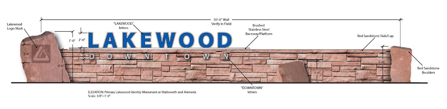 Drawing of stone wall feature with the words Lakewood, Downtown and the city logo.