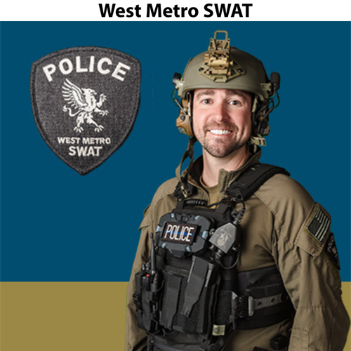 SWAT Uniform - brown long sleeve shirt with black vest that says Police in white